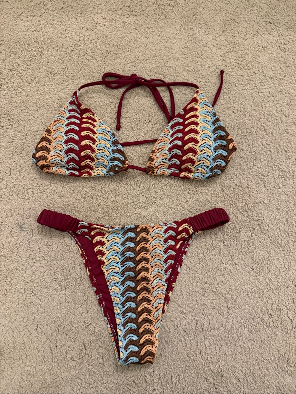Women’s Maroon Multicolor Crochet Triangle Bikini Set